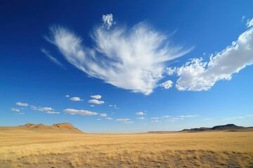 Desert landscape, windswept cloud formation, mesas, blue sky, travel brochure