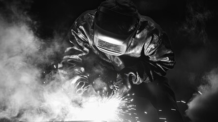Welder's Monochromatic Intensity: A Dramatic Black and White Welding Scene