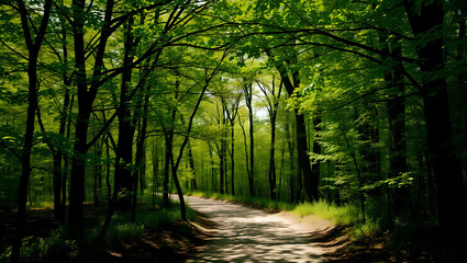 Fototapeta premium Peaceful Sunlit Forest Path Winding Through Lush Green Trees in Spring
