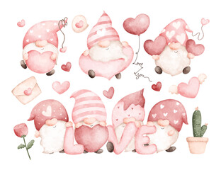 Watercolor Illustration Set of Valentine Gnomes and Elements