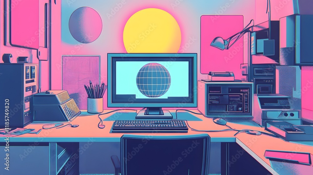 Aufkleber retro eighties computer workstation with globe display