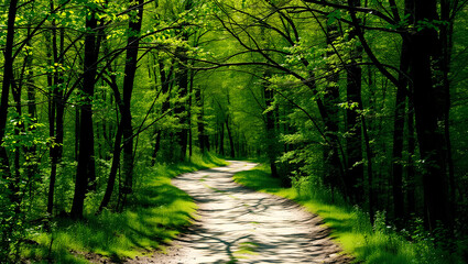 Obraz premium Peaceful Sunlit Forest Path Winding Through Lush Green Trees in Spring