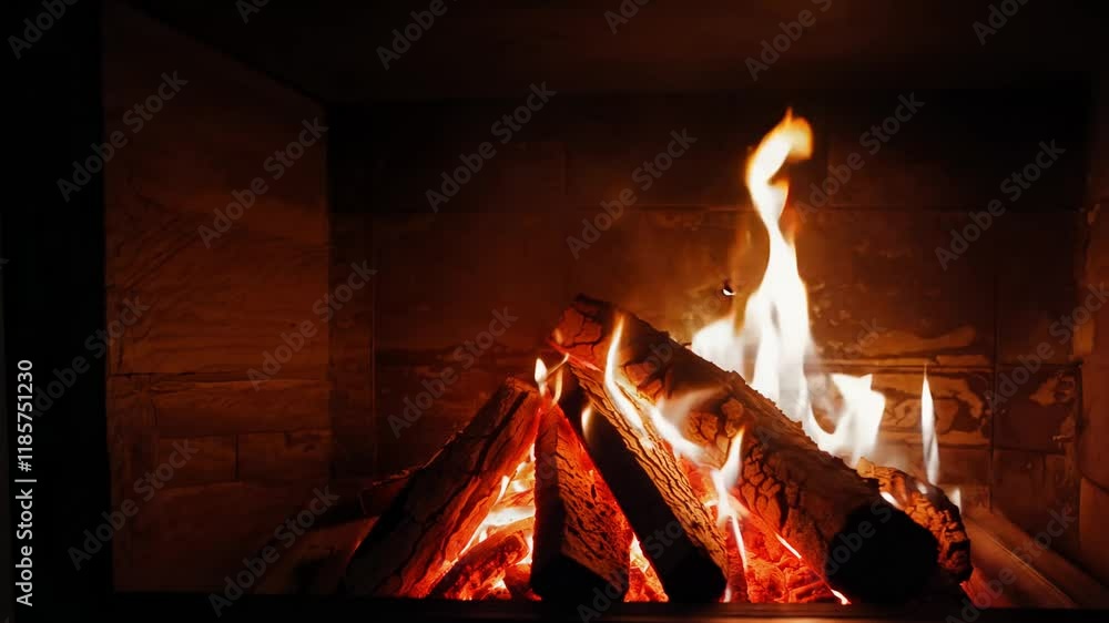 Poster static video establishing scene focuses on dancing flames in fireplace, casting shadows with diffuse