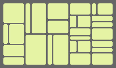 Dimensions 16x9 trendy bento grid layout style brick Ui UX templates. Web comic grids, rounded corners. Different panel layouts with y2k and brutal shapes tiles of different sizes Vector illustration