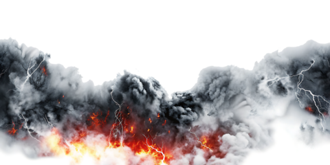Black smoke storm clouds with fire and lightnings isolated on white background PNG.AI GENERATED