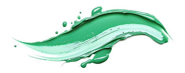 A striking green cosmetic lotion smear showcasing a smooth, glossy surface with soft reflective highlights and curved edges on a crisp white background.