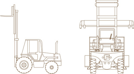 Illustrator sketch of heavy equipment vehicle forklift for lifting container goods in the company.eps