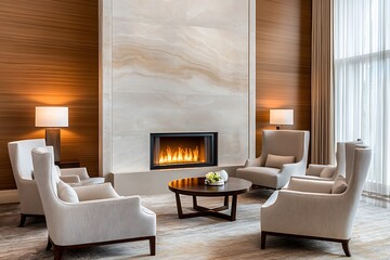 Cozy modern living room with fireplace, armchairs, and coffee table.