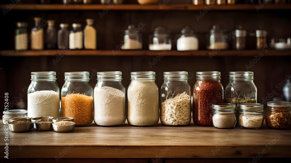 Poster rustic kitchen counter displaying a thoughtful arrangement of glass jars filled with various grains 
