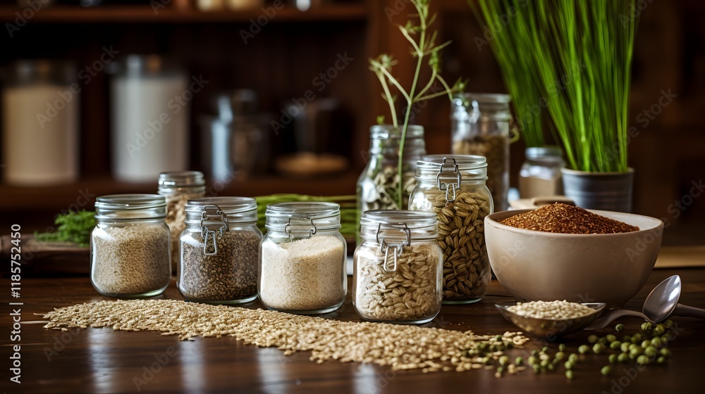 Poster rustic kitchen counter with jars of rice oats and lentils neatly arranged showcasing a simple homey 