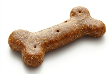 A single bone-shaped dog biscuit, brown and slightly glossy. Perfect for websites, blogs, or pet food packaging.