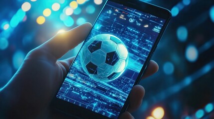 Hand holding smartphone showing hologram of soccer ball with futuristic data analysis interface