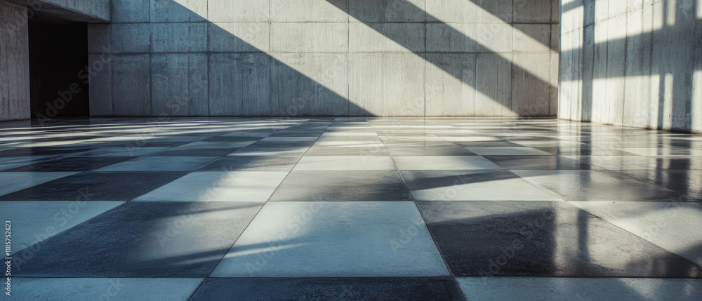 Poster concrete tiles create an industrial modern aesthetic in a spacious environment with shadows