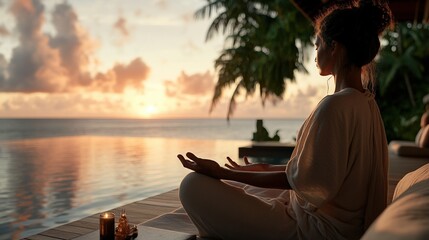 Fototapeta premium Woman meditating by the pool at sunset, embracing tranquility and peace