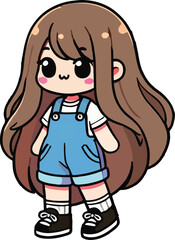 Young girl with long hair, wearing overalls and sneakers,
