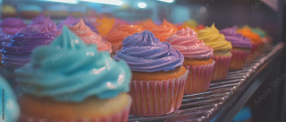 Poster colorful cupcakes lined up with swirls of frosting in a delightful bakery setting