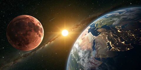 A panoramic concept of a lunar eclipse in space, featuring the moon, planet Earth, and the radiant sun.