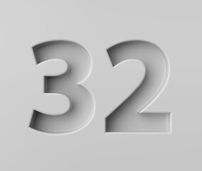 Sleek White Number 32 Thirty Two With Subtle Shadow Embossed Into Grey Background 3D Illustration