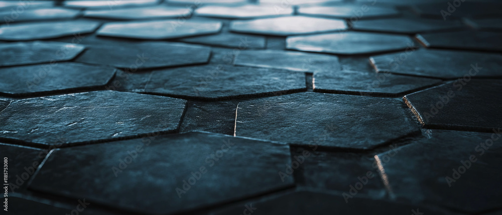 Poster dark grey hexagonal tiles with contrasting grout create a modern, sophisticated aesthetic