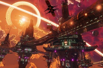 A futuristic space station amidst a vibrant cosmic backdrop with planets and a spaceship.