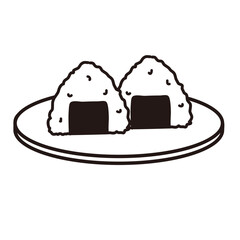 お皿の上に置かれたおにぎりのモノクロ線画イラスト