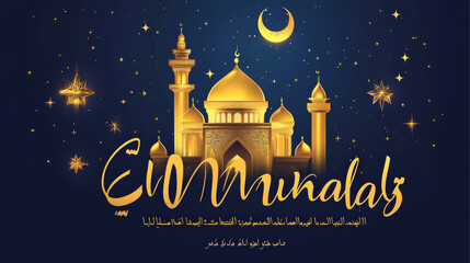 Eid Mubarak Muslim holiday greeting card with crescent moon and twinkling star over mosque cupola in night sky. Vector Arabic writing and ornamental design for Islamic religious Eid Mubarak festival
