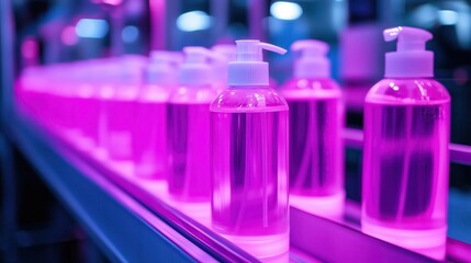 Production line of plastic bottles being filled with purple liquid