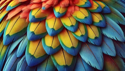 Obraz premium Macaw Feathers Macro: A close-up view of a macaw's vibrant feathers, showcasing their intricate patterns and textures in a captivating display of color and nature's artistry. 