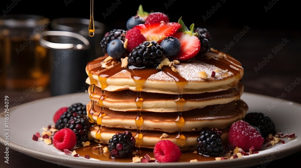 Aufkleber mouthwatering stack of fluffy pancakes topped with an array of fresh berries and a drizzle of golden