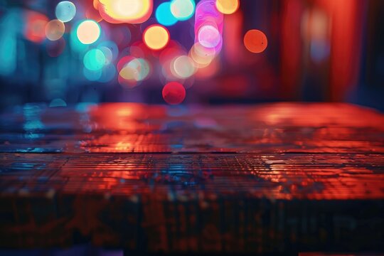 A close-up shot of a wooden table with a blurred bokeh background, featuring neon lights and 
a dark interior setting.