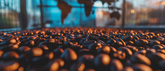 Fototapeta premium Explore global connections through the rich texture of coffee beans in a creative double exposure
