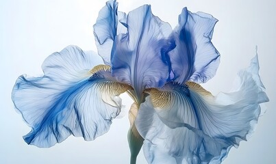 Close-up of a delicate, light blue iris flower with translucent petals.