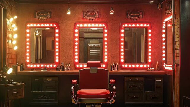 Red Lit Dressing Room With Mirrors and Lights