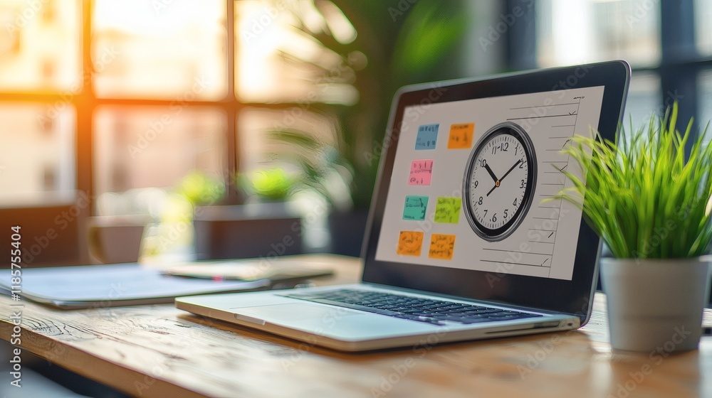 Aufkleber Time management strategies depicted with a clock and task lists Stock Photo with side copy space.