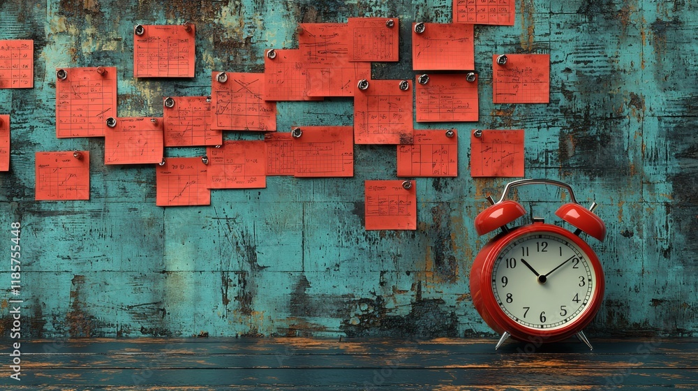 Poster Time management strategies depicted with a clock and task lists Stock Photo with side copy space.