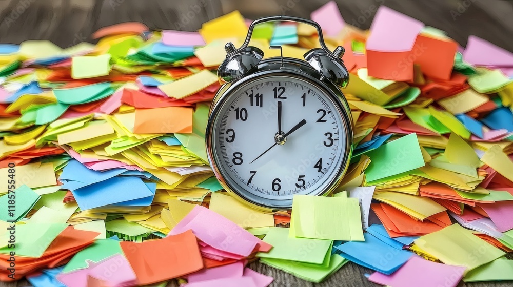 Aufkleber Time management strategies depicted with a clock and task lists Stock Photo with side copy space.