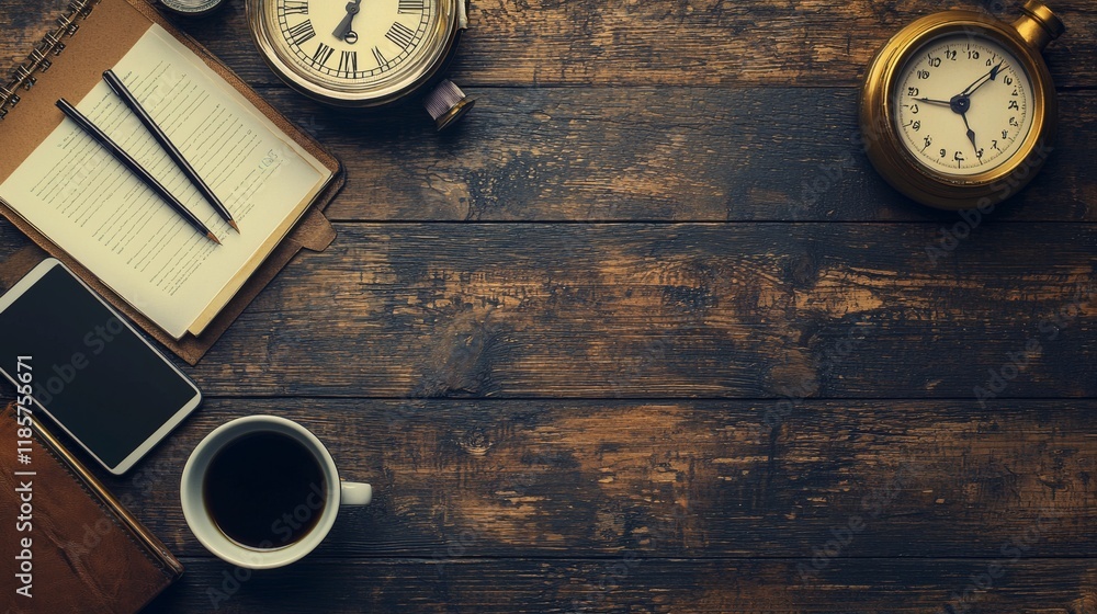 Poster a digital time management app on a tablet next to a coffee cup stock photo with side copy space.