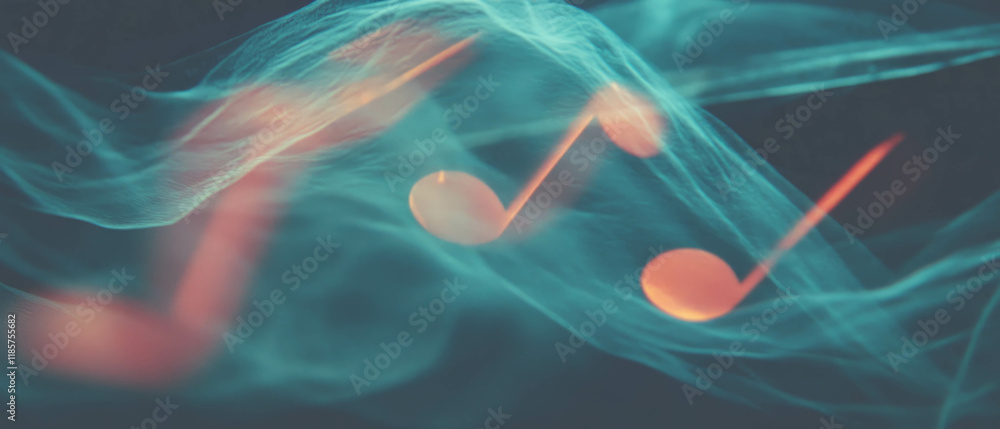Poster Dynamic interplay of musical notes and flowing fabric in artistic double exposure