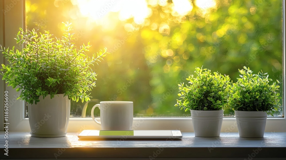 Poster a digital time management app on a tablet next to a coffee cup stock photo with side copy space.