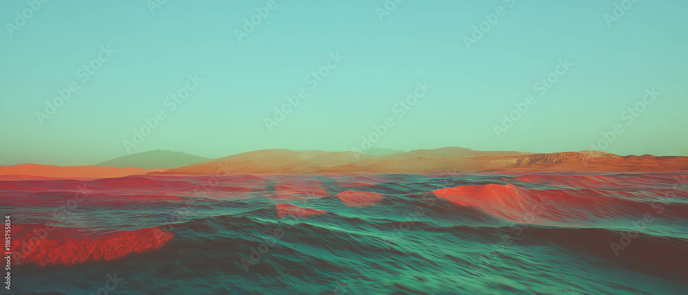 Poster dynamic interplay of ocean waves and desert dunes captured in vibrant double exposure