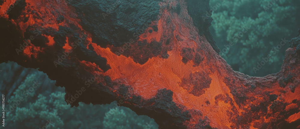 Poster exploring the fusion of tree bark texture and flowing lava as natural forces intertwine