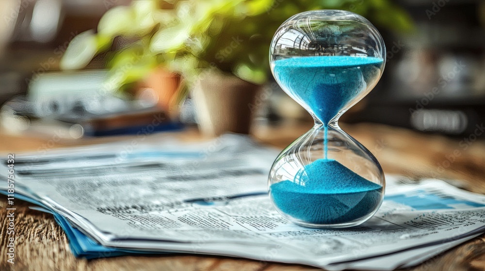 Poster Time management visualized through an hourglass and work documents Stock Photo with side copy space.
