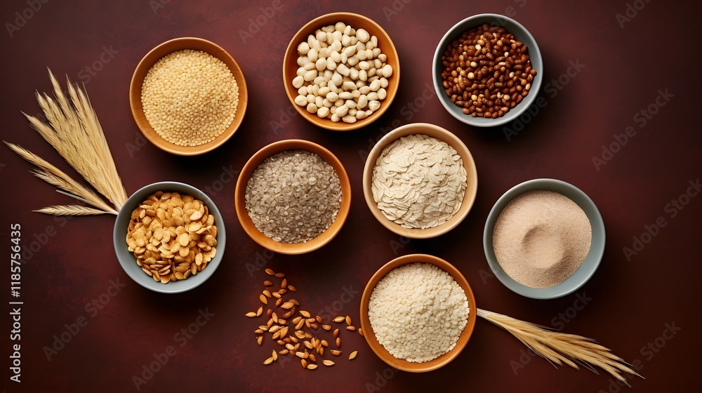 Poster assortment of different types of nutritious cereal grains such as wheat oats barley and quinoa prese