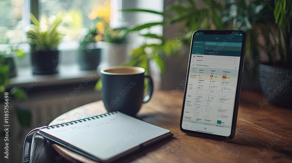 Aufkleber A smartphone screen showing a time-blocking schedule alongside a notebook Stock Photo with side copy space.