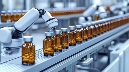 Factory production medicine bottle hygiene concept. A robotic arm fills amber vials with pills on a production line, showcasing automation in pharmaceutical manufacturing.