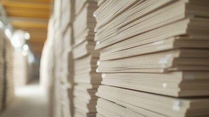 Smooth white gypsum board sheets stacked neatly, construction setting 