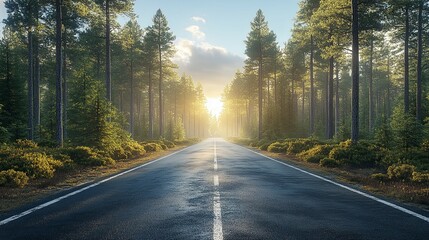 Fototapeta premium Sunlit Forest Road: A Serene, Aspirational Landscape Painting