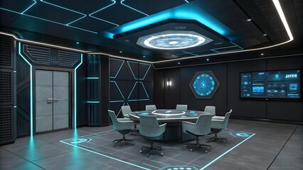 Futuristic Conference Room: Sleek, modern interior design with a futuristic aesthetic, featuring a circular table, sleek chairs, and glowing blue lights.  Perfect for showcasing innovation.
