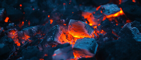 Fototapeta premium Glowing fire embers scattered against a black background with bright hot sparks