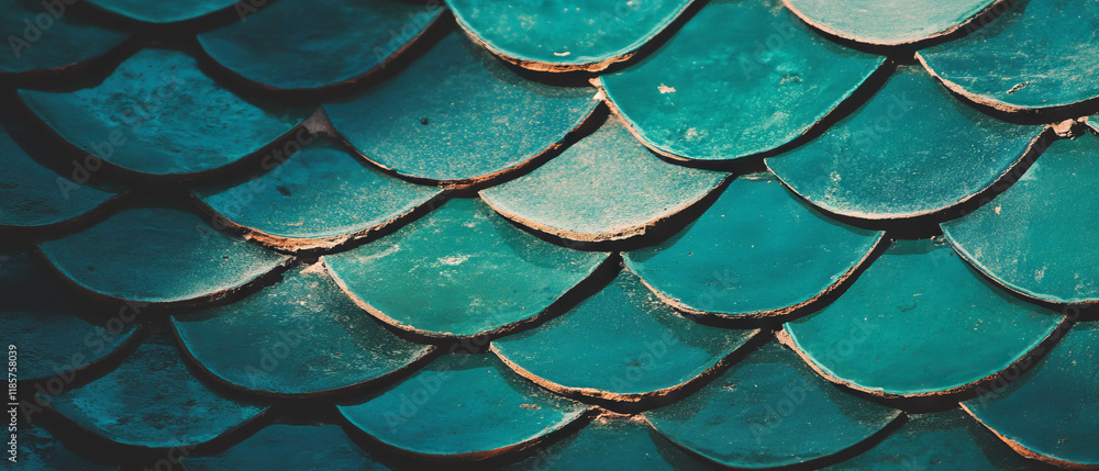 Poster Curved fish scale tile pattern featuring textured blue-green design elements in dynamic arrangement